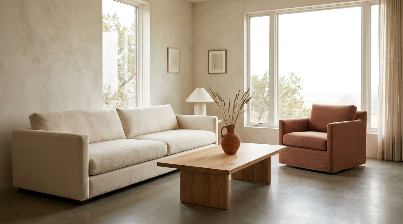 A calm, sunlit living room with carefully placed furniture